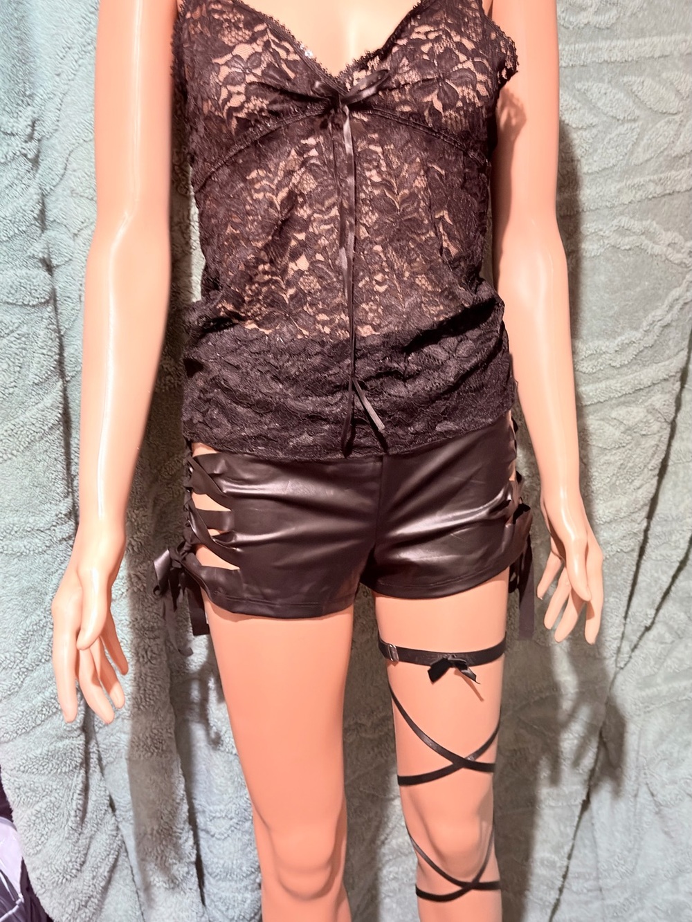 Source Unknown Black Lace Cami and Faux Leather Short Set